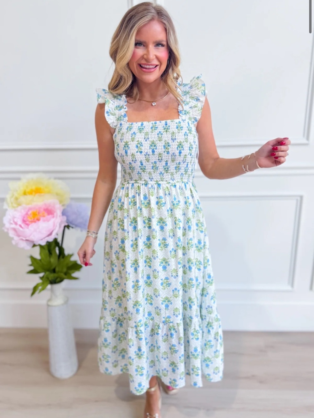 Floral Smocked Square-Neck Dress in White and Light Blue